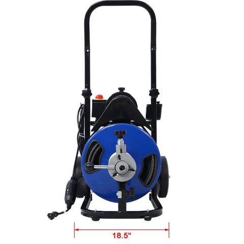Heavy Duty Electric Drain Auger With 60 Foot Cable And Half Inch Pipe Snake Boasts Four Quick Swap Blades and foot switch, blue design