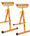 Badass Heavy Duty Roller Stand With 3 In 1 Adjustable Head And 250 Lbs Capacity Chrome Steel Workhorse Pro Jobsite Essential For Moving Roll Goods Effortlessly, two orange stands with rollers and adjustable height.