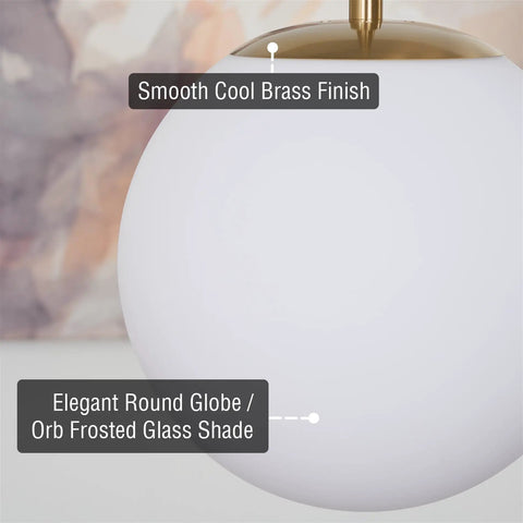 Ceres 14-Inch Mid Century Modern Globe Pendant Light With Frosted Glass Orb Warm Brass Finish close-up of glass shade and finish