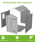 Exploded view of 4x6 Ft Outdoor Storage Shed With Floor And Window All Weather Resin Garden Tool Shed showing assembly process.