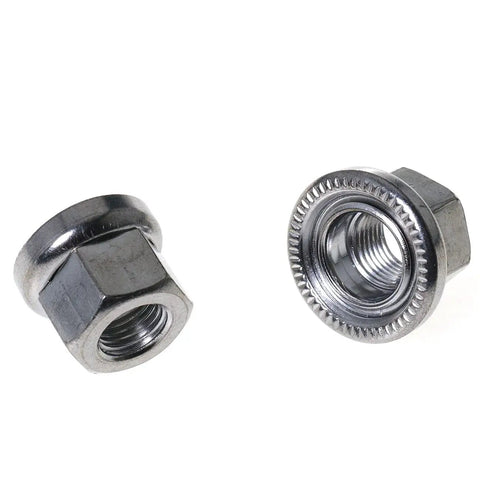 Two Pack 3/8-26 Bicycle Wheel Axle Nuts For Mountain Bikes, Flange Front Hub Bolts, iron chrome-plated flange nuts close-up