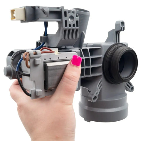 Hand holding Clothes Washer Drain Pump Replacement Direct Fit For W10605427 W10425238 120V 60Hz 0.95A No Fuss Install