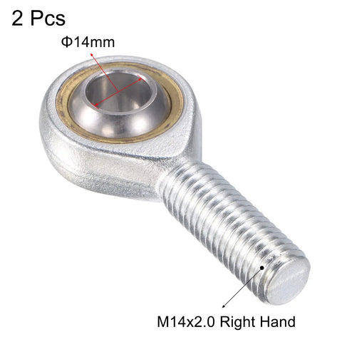 Beefy Spherical Rod End Bearing 14mm Bore M14x2.0 Right Hand Male Thread Connector Self Lubricated Heavy Duty Steel 2 Pack Go To Joint For Tough Loads And Misalignment Up To 14 Degrees, 2 pcs