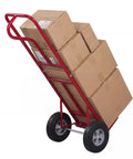 Heavy Duty Metal Hand Truck With 600 Pound Capacity And Ergonomic P Handle, shuffling stacked boxes on wheels.
