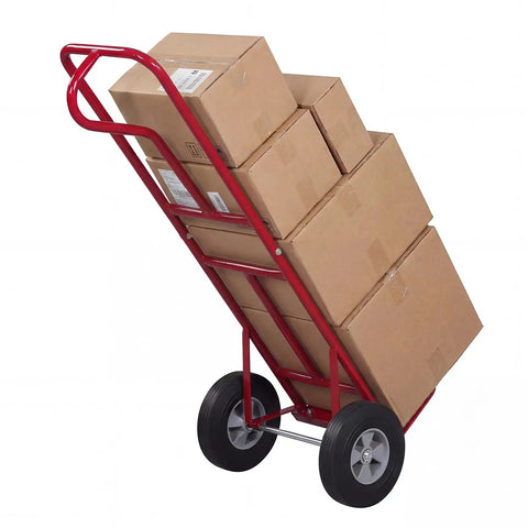 Heavy Duty Metal Hand Truck With 600 Pound Capacity And Ergonomic P Handle, shuffling stacked boxes on wheels.