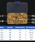 Pro Grade 500 Pcs U Shape Copper Crimp Terminal Connectors Kit Non Insulated Wire Spade Butt Assortment For Electrical Projects WKS 500U Pro DIY Wire Harness in open box with compartment labels TC-1 to TC-C.