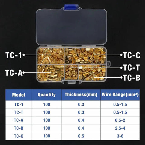 Pro Grade 500 Pcs U Shape Copper Crimp Terminal Connectors Kit Non Insulated Wire Spade Butt Assortment For Electrical Projects WKS 500U Pro DIY Wire Harness in open box with compartment labels TC-1 to TC-C.