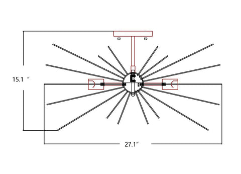 Diagram of 27 Inch Starburst Sputnik Ceiling Light Fixture In Brass Copper Gold Finish with measurements