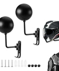 Two Pack Wall Mounted Helmet Holder with 180 Degree Rotating Rack and Dual Hooks for helmets and gear, black design with screws.