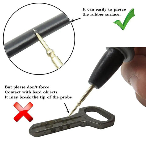 Ultra Sharp Multimeter Probe Leads Kit With Gold Plated Test Probes demonstrating piercing ability and caution against hard surfaces.