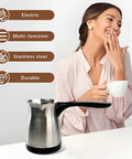 Woman holding coffee cup next to Electric Turkish Coffee Pot 600ml With Foldable Handle Stainless Steel Heating Tea Kettle 110V US Plug For Home And Travel Makes Five To Six Cups Quick Go To Rich Turkish Brew In Every Pot placed on table