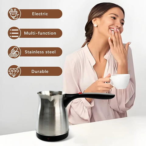 Woman holding coffee cup next to Electric Turkish Coffee Pot 600ml With Foldable Handle Stainless Steel Heating Tea Kettle 110V US Plug For Home And Travel Makes Five To Six Cups Quick Go To Rich Turkish Brew In Every Pot placed on table