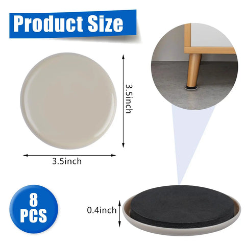 Heavy Duty Round Furniture Sliders 8 Pack, 3.5 Inch Reusable Moving Sliders For Carpet, Easy Glide For Couches Beds And Armoires