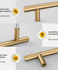 Close-up of champagne bronze cabinet pull 64mm brushed gold finish with stainless steel rustproof vintage hardware features.
