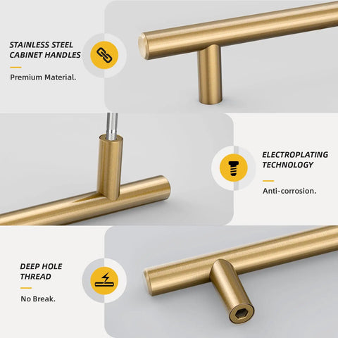 Close-up of champagne bronze cabinet pull 64mm brushed gold finish with stainless steel rustproof vintage hardware features.