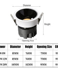 Top Shelf Eight Pack LED Downlights Slick Baffle Trim Anti Glare Recessed Spotlights with size chart and specifications