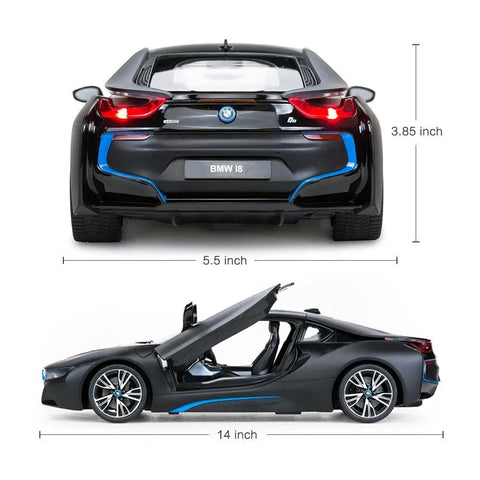 BMW I8 1:14 Scale Remote Control Car With Open Scissor Doors, Matte Black RC Toy Vehicle, rear and side view dimensions