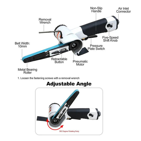 20mm Air Belt Sander Workhorse for Heavy Duty Woodworking, showcasing features like non-slip handle and adjustable angle.