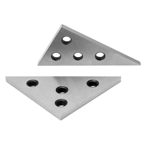 QWORK solid angle plate set, 2 triangle angle blocks (30-60-90, 45-45-90), metal with through-holes, front and side views.