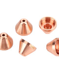 Get These 5PC Plasma Caps For Thermal Dynamics Cuts They Rock Copper Construction For Serious Heat Resist and Durability Plus They Fit Like A Glove So You Can Slice Metal Like A Boss Without Breaking The Bank Or Wasting Time - 5 copper plasma caps with various angles.