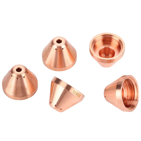 Get These 5PC Plasma Caps For Thermal Dynamics Cuts They Rock Copper Construction For Serious Heat Resist and Durability Plus They Fit Like A Glove So You Can Slice Metal Like A Boss Without Breaking The Bank Or Wasting Time - 5 copper plasma caps with various angles.