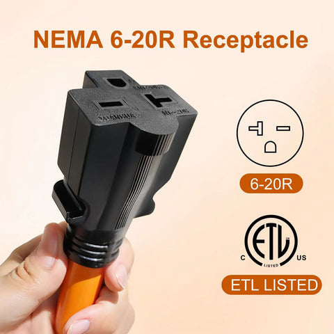 Welder Adapter Cord NEMA 6 50P To 6 20R 20 Amp 250V SJTW 12AWG Three Conductor Cable Orange UL Certified plug close-up