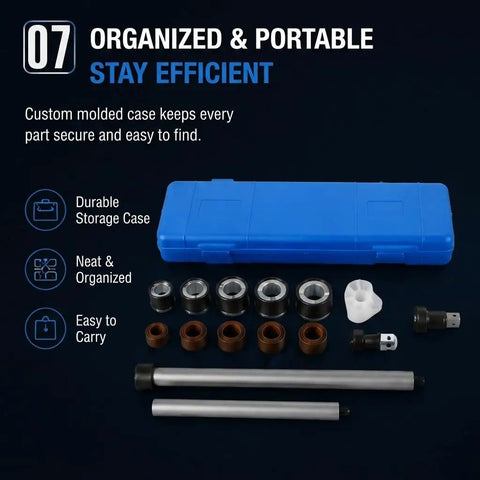 Beefed-Up Engine Cam Bearing Installation And Removal Tool Kit With 1-1/8 To 2-2/3 Inch Adapter in blue case