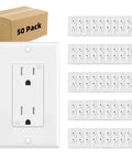 Must Have Decorator Outlet Socket 15 Amp 125 Volt Tamper Resistant Receptacle With Grounding And Wall Plates UL Listed White Finish High Impact Plastic 50 Pack shown with box and included outlets.