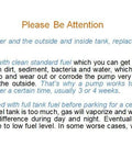 Instructions on fuel pump maintenance and care for vehicles, emphasizing cleanliness and fuel quality.