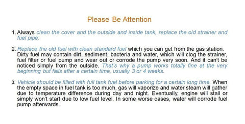 Instructions on fuel pump maintenance and care for vehicles, emphasizing cleanliness and fuel quality.