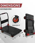 Heavy Duty Platform Cart Workhorse With 1000 Lb Capacity 36 By 24 Inch Foldable Hand Truck Dolly 360 Degree Swivel Wheels Easy Three Second Fold Portable Storage For Big Loads shown folded and open with dimension details. Red wheels and black platform visible.