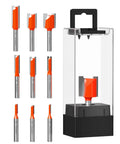 Carbide Straight Router Bit Set With One Quarter Inch Shank Nine Size Pack For Woodworking, showing bits and case