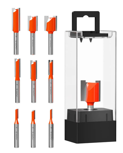 Carbide Straight Router Bit Set With One Quarter Inch Shank Nine Size Pack For Woodworking, showing bits and case