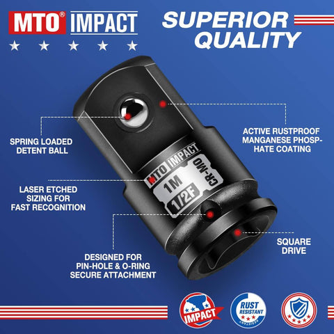 Half Inch To One Inch Impact Socket Adapter For Wrenches And Ratchets Converts Half Inch Drive To One Inch Drive Chrome Molybdenum Alloy Steel Heavy Duty Workhorse Tool Accessory For Impact Wrench And Socket Use, showing front view with detent ball and laser etching.