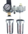 Mid Flow Heavy Duty Air Control Unit With Auto Drain For Compressors Moisture Filter Regulator Oiler Separator Lubricator Combo 105 CFM 215 PSI Input 150 PSI Output 5 Oz Polycarbonate Bowl with dual metallic canisters and pressure gauge