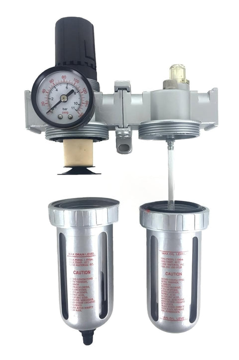 Mid Flow Heavy Duty Air Control Unit With Auto Drain For Compressors Moisture Filter Regulator Oiler Separator Lubricator Combo 105 CFM 215 PSI Input 150 PSI Output 5 Oz Polycarbonate Bowl with dual metallic canisters and pressure gauge