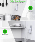 Two Pack 2 Prong Outlet Extender Rotating Plug With Surge Protector 1700J shown in kitchen and bathroom settings, white