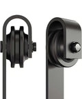 Close-up of Sliding Barn Door Hangers J Shape 2 Pack Black Solid Steel With POM Wheels, front and side view