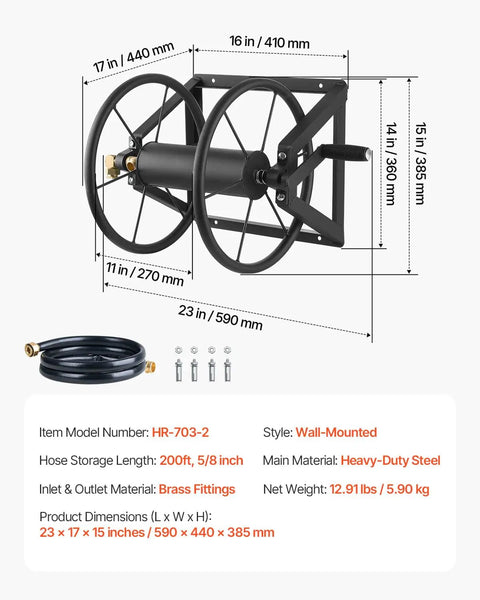 Wall Mounted Garden Hose Reel Holds 200 Feet Of 5/8 Inch Hose Heavy Duty Steel Outdoor Water Reel With Brass Fittings