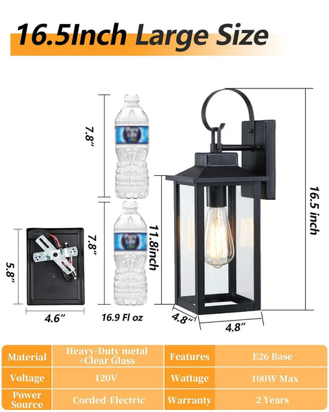 Large Outdoor Wall Lights Two Pack Matte Black With Clear Glass Modern Exterior Fixtures For Front Porch, size comparison with water bottles.