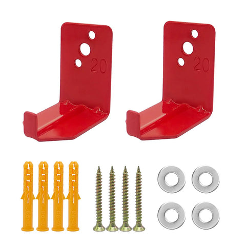 Heavy Duty Fire Extinguisher Mount 2 Pack Beefy Universal Bracket For 5 To 40 Lb Extinguishers Wall Mount Hanger For Garage Cabinet Steel Anti Rust Coated Holder showing two red brackets, screws, and anchors