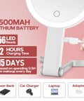 30X Magnifying Makeup Mirror With Light showing USB-C charging with 56 LEDs and 1500mAh lithium battery information