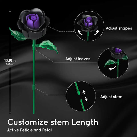 15 Black Rose Bouquet Building Set For Gothic Home Decor, DIY Dark Flower Kit With Purple Jewel Centers, No Vase Included, Create Mysterious Elegant Arrangements For A Bold Edgy Interior. Adjustable black rose stem, 13.19in
