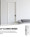 Hidden Acrylic Door Hinges With Self-Closing Spring Mechanism on a sleek modern door, stainless steel build.