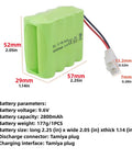 9.6V 2800mAh NiMH RC Battery Pack With Tamiya Plug and USB Charging Cable for Toy Tanks, RC Cars, Trucks showing dimensions