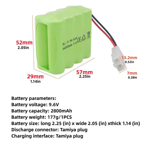 9.6V 2800mAh NiMH RC Battery Pack With Tamiya Plug and USB Charging Cable for Toy Tanks, RC Cars, Trucks showing dimensions
