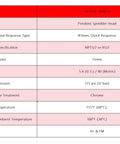 Top Tier Quick Response Upright Fire Sprinkler Head With Half Inch Npt Connection And 155 Degree F Glass Bulb Trigger specifications chart