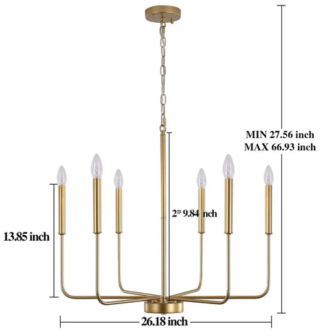 Dope Gold 6-Light Farmhouse Chandelier Ceiling Pendant Light with dimensions, brushed gold finish, premium iron frame, adjustable height.