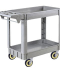 Gray utility cart with two shelves and yellow wheels for storage or transport.