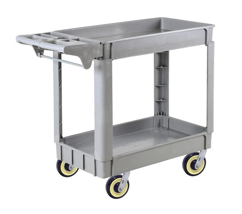 Gray utility cart with two shelves and yellow wheels for storage or transport.